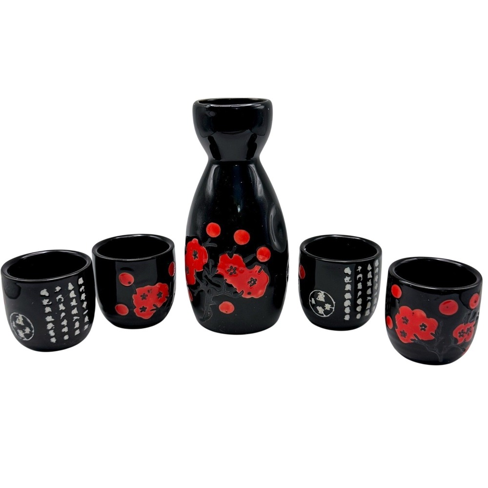 NIB Sake Set Black with Cherry Blossom decor 5pc Ceramic‎ Tokkuri
